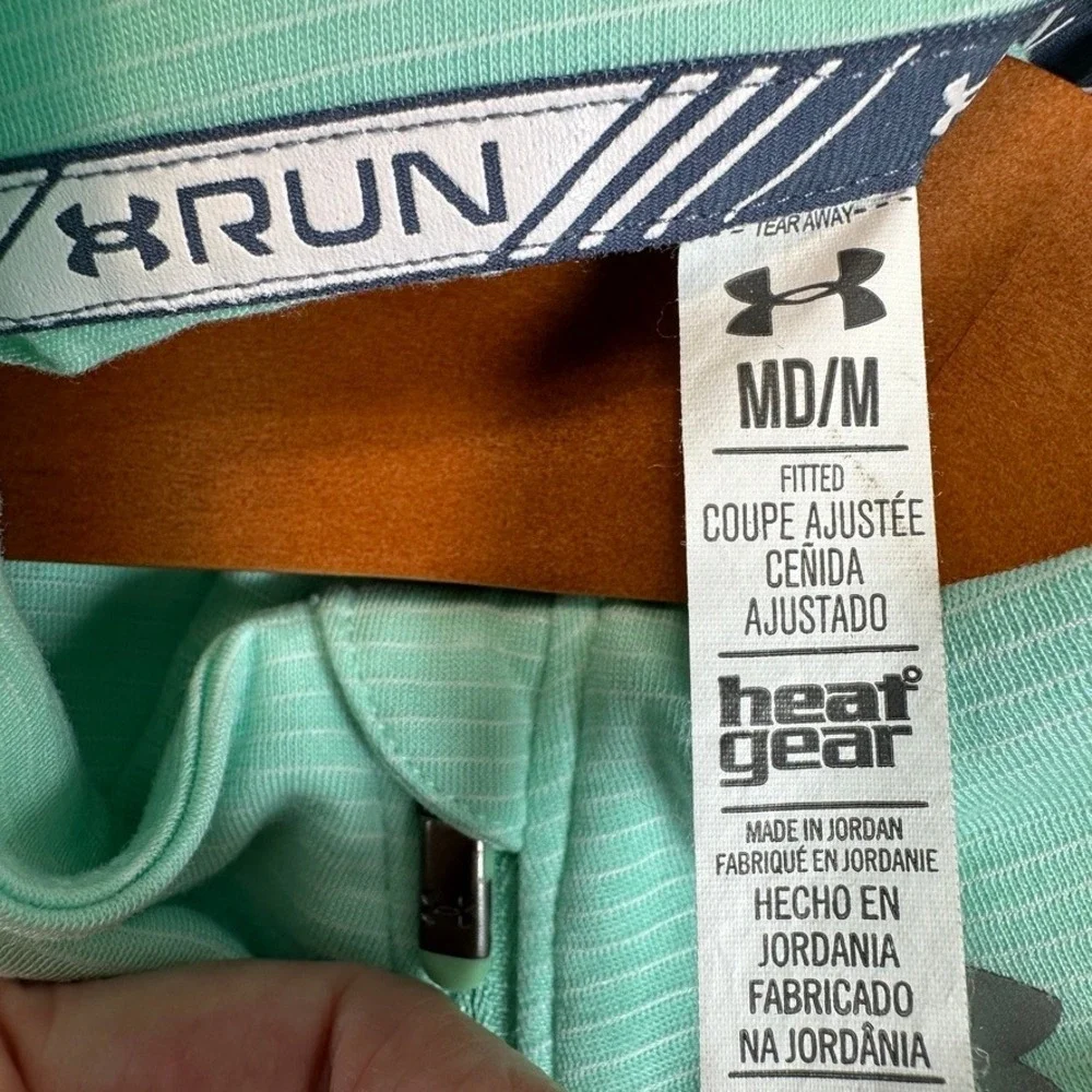 Under Armour HeatGear Run Quarter Zip Pullover Mint Green Striped SZ M Thumbhole - Picture 4 of 8